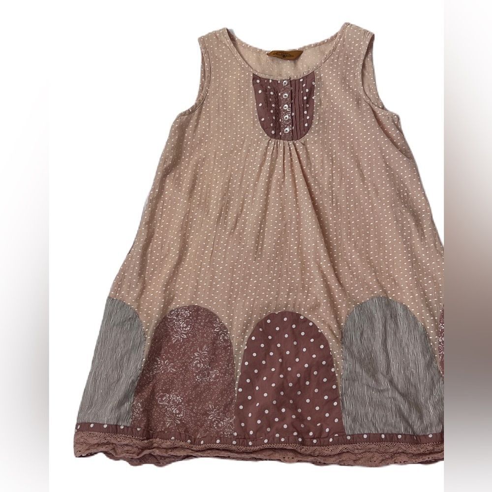 April Cornell Dress Gathered Lace Trim Dot Sleeveless Cream Tan Size S - Picture 5 of 13